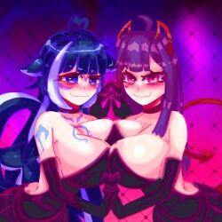 2girls akuma_nihmune blue_eyes blue_hair chussy indie_virtual_youtuber long_hair markai_cat orca orcat purple_eyes purple_hair shylily succubus tagme twitch.tv virtual_youtuber vtuber