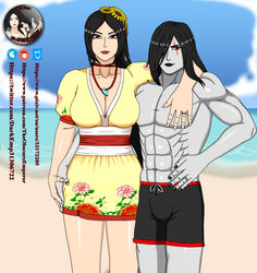 1boy 1girls abs amaterasu_(smite) asian beach black_hair black_lipstick black_nail_polish breasts bulge cleavage darkus_(theobscureone) deity earrings emo eyeshadow female goddess goth headband husband_and_wife interracial interspecies japanese_mythology large_breasts lipstick long_hair male milf muscles muscular muscular_male nail_polish necklace ocean pale_skin red_eyes ring scar smiling smite summer teaser theobscureone trunk wedding_ring
