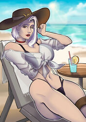 1girls 2d alternate_version_available areolae artist_name ashe_(overwatch) beach beach_chair bikini bikini_bottom bikini_top blizzard_entertainment breasts brown_eyes choker clothed clothed_female drink female_only hat heart-shaped_pupils holding_hat hourglass_figure knotted_shirt large_breasts leg_up lipstick looking_at_viewer medium_hair navel nipple_bulge nipples_visible_through_clothing overwatch red_lipstick saechko sea see-through see-through_clothing see-through_shirt shirt shirt_down sideboob solo solo_female weapon white_hair