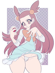 1girls 2d blush brown_eyes brown_hair cameltoe dress dress_lift female female_only gym_leader human jasmine_(pokemon) jasmine_(pokemon_hgss) kaikoinu light-skinned_female light_skin long_hair nintendo pale-skinned_female pale_skin pokemon pokemon_gsc pokemon_hgss skirt solo_female thick_thighs thighs upskirt