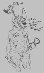 baseball_bat bat_(object) big_eyes bulge clothing dialogue english_text fursuit_head hairy_legs hammer_and_sickle human male male_only mammal monochrome nipples open_mouth overweight overweight_male politics sketch teeth_showing text underwear unknown_artist