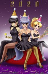 animal_ears animal_tail asharia_(john_joseco) black_hair blonde_hair cleavage heels john_joseco kessah_(john_joseco) looking_at_viewer mia_(john_joseco) new_year pantyhose tagme