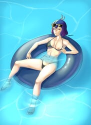 1girls bikini bikini_bottom bikini_top black_clover black_hair female floating light-skinned_female light_skin looking_at_viewer peeking_out red_eyes scharlottelambo secre_swallowtail small_breasts sunglasses sunglasses_on_head swimsuit water