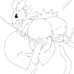 1:1 anthro ass big_breasts big_butt blush bodily_fluids bound bound_by_tentacles breast_squeeze breast_squish breasts eeveelution female forced genitals hair hanging_breasts hi_res huge_breasts huge_butt huge_thighs hyper hyper_breasts imminent_rape jolteon legs_tied looking_back monochrome nintendo nipples nude obikuragetyan open_mouth pokémon_(species) pokemon pokemon_(species) pussy solo spiky_hair squish suspended_in_midair suspended_via_tentacles sweat tentacle thick_thighs video_games