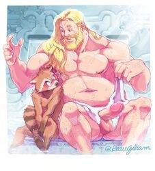 2boys anthro beaugilliam belly duo erection fat_thor gay guardians_of_the_galaxy human human_on_anthro humanoid interspecies interspecies_yaoi light-skinned_male light_skin male male/male male_only marvel marvel_comics penis raccoon rocket_raccoon thor_(marvel) thor_(series) towel yaoi