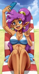 1girls beach bikini blue_eyes breasts cleavage collarbone dark-skinned_female earrings john_joseco long_hair peace_sign phone pointy_ears ponytail purple_hair selfie shantae shantae_(character) smooth_skin tagme wayforward