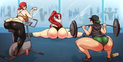 3girls ass ass_cleavage ass_jiggle big_ass butt_crack cap gym huge_ass jiggle long_hair multiple_girls numbnutus panties plump red_hair squatting_on_dildo thick thick_ass thick_thighs wide_image working_out workout