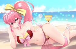 1girls bare_legs bare_shoulders beach big_breasts bikini breasts camilitrox_cr cleavage cup fire_emblem fire_emblem:_mystery_of_the_emblem glass hand_to_face long_hair looking_at_viewer lying lying_sideways midriff nintendo phina_(fire_emblem) pink_eyes pink_hair ponytail red_bikini red_swimsuit seaside see-through solo solo_female swimsuit veil wide_hips