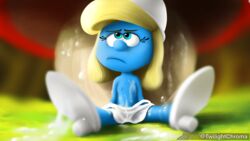 16:9 blonde_hair blue_body blue_eyes blue_skin bodily_fluids breasts clothing cum cumshot digital_media_(artwork) ejaculation female genital_fluids hair hi_res humanoid nipples smurf smurfette solo the_smurfs twilightchroma widescreen