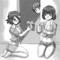 3girls blush cleavage john_joseco kill_la_kill kiryuuin_satsuki mankanshoku_mako matoi_ryuuko pajamas presents short_hair short_shorts tagme