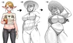 1girls :3 big_breasts bikini blonde_hair breasts chubby chubby_female curvy cute_fang elf elf-san_wa_yaserarenai elf_ears elfuda female huge_breasts humanoid pale-skinned_female pale_skin plump pointy_ears short_hair side-tie_bikini sling_bikini sun_hat sweat sweatdrop swimsuit synecdoche thick_thighs wide_hips