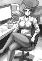 1girls 2019 boss_lady breasts cleavage clothed clothing coffee coffee_mug female female_only human human_only humanized john_joseco large_breasts legs_crossed long_hair monochrome mug my_little_pony office office_lady pantyhose princess_celestia_(mlp) sitting smile smooth_skin solo thighs