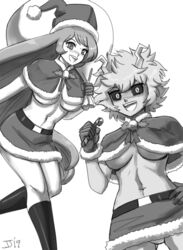 2019 capelet christmas christmas_outfit john_joseco long_hair looking_at_viewer mina_ashido my_hero_academia nejire_hado open_mouth panty_shot santa_costume santa_hat short_hair underboob