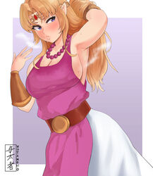 1girls a_link_to_the_past absurdres armpit_fetish armpits bimbo blonde_hair blush breasts cleavage female female_only highres musk nintendo princess_zelda solo sweat sweat_stain the_legend_of_zelda yotahen zelda_(a_link_between_worlds) zelda_(a_link_to_the_past)