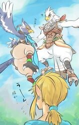 age_of_calamity animal_genitalia anthro armor avian bird blonde_hair blue_body blue_feathers bottomless breath_of_the_wild cloaca clothed clothing cloud day ear_piercing ear_ring feathered_wings feathers flying gay genitals group hair humanoid humanoid_pointy_ears hylian hyrule_warriors:_age_of_calamity link link_(breath_of_the_wild) male mammal nintendo piercing ponytail popemadara revali rito slit talons teba_(tloz) the_legend_of_zelda video_games white_body white_feathers wings yaoi