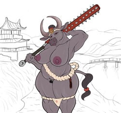 anthro belly big_breasts bovid bovine breasts cattle clothing club_(weapon) female hi_res horn mammal melee_weapon muscular muscular_anthro muscular_female panties panties_down pubes snakedakyoot solo thick_thighs underwear underwear_down weapon