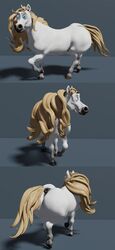 3d absurd_res anus ass big_butt black_anus black_nose blonde_hair blue_eyes caricature digital_media_(artwork) equid equine female feral fur hair hi_res horse mammal multiple_angles ramul simple_background solo toony white_body white_fur