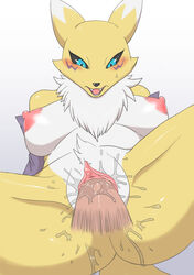 anthro blush bodily_fluids breasts canid canine digimon digimon_(species) erection female fur genital_fluids genitals hi_res male male_penetrating mammal nipples nude penetration pussy renamon sex straight tarian white_body white_fur yellow_body yellow_fur