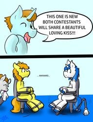 2018 anatomically_correct anatomically_correct_genitalia anatomically_correct_penis animal_genitalia animal_penis anthro awkward blue_background blue_eyes blue_hair bondage bound braeburn_(mlp) brown_hair bustier chair chair_bondage clothed clothing comic crossdressing dialogue english_text equid equine equine_penis fan_character feral friendship_is_magic fur furniture genitals girly gloves green_body green_eyes green_fur grey_body grey_fur group hair half-erect hands_together handwear hasbro hi_res hooves horn horse_tail killian_joy latex_gloves lipstick looking_at_another makeup male male/male malesub mammal mostly_offscreen_character multiple_boys multiple_subs my_little_pony napkin one_eye_closed open_mouth orange_hair penis pink_tongue ponytail robotic_arm semi-anthro shining_armor_(mlp) simple_background spanking_machine speech_bubble text tongue unicorn unicorn_horn white_body white_fur wiping_mouth yaoi yellow_body yellow_fur