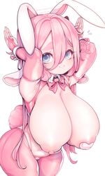 1girls areolae big_breasts blue_eyes breasts bunny_ears bunny_tail cleavage cute elbow_gloves female female_only fingerless_gloves gloves heart_pasties huge_breasts large_breasts long_hair looking_at_viewer macaron_(niucniuc) nipples niucniuc pink_hair pink_heart_pasties pink_pasties reverse_bunnysuit reverse_outfit smile solo