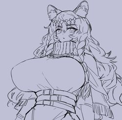 animal_ears arknights big_breasts braided_hair cat_ears catgirl collared_shirt curvy hair_braid hair_ornament hairband huge_breasts looking_at_viewer melon22 pramanix_(arknights) sketch wip