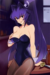 alcohol artist_name bar_stool beer blue_hair choker clothing commentary_request door female leotard leze0030 md5_mismatch mitsurugi_meiya muv-luv muvluv nipple_slip nipples on_table pantyhose playboy_bunny purple_eyes shelf stool sword table weapon