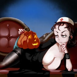 eye_bags female halloween_costume jack-o'-lantern nurse_cap pale_skin solo toorops