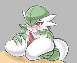 1boy 1girls big_breasts blush breasts digital_media_(artwork) dizner faceless_male game_freak gardevoir green_hair hi_res highres holding_breast human humanoid male_human/female_humanoid male_human/female_pokemon nintendo no_nipples open_mouth outercourse paizuri penis penis_on_breast pokémon_(species) pokemon pokemon_(species) red_eyes simple_background white_body worried