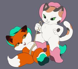 2019 anthro anthro_on_anthro boots bound calico_cat canid canine clothing cowboy_hat disney_junior domestic_cat domination duo felid feline felis female female/female female_domination flat_chested footwear fox frieda_fox genitals grey_background grin hand_on_hip hat headgear headwear hi_res interspecies mammal mostly_nude mottled piebald pink_cowboy_hat pussy rope rope_bondage sheriff_callie sheriff_callie's_wild_west simple_background slimefur smile submissive submissive_female yuri