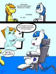 2018 anatomically_correct anatomically_correct_genitalia anatomically_correct_penis animal_genitalia animal_penis anthro aphrodisiac balls blue_background blue_eyes blue_hair blush bondage bound braeburn_(mlp) brown_body brown_fur chair chair_bondage chair_position comic competition complaining dialogue drugged drugs duo_focus english_text equid equine equine_penis eye_roll femsub feral friendship_is_magic from_behind_position fur furniture genitals green_body green_eyes green_fur group hair half-erect hasbro hi_res hooves horn horse injection killian_joy machine male male/male mammal medial_ring multiple_boys multiple_subs my_little_pony nude orange_hair penis pony protest semi-anthro sex sexual_competition shining_armor_(mlp) shots simple_background speech_bubble substance_intoxication syringe text unicorn unicorn_horn white_body white_fur yaoi yellow_body yellow_fur