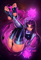 1girls 2d armored_gloves artist_name ass blackfire breasts clothed clothed_breasts clothing dc dc_comics feet feet_up female female_only komand'r legs legs_up lipstick long_hair looking_at_viewer panties pantyshot pink_hair purple_background purple_eyes purple_hair purple_lipstick reiq rubber shiny shiny_skin smile soles solo solo_female solo_focus stirrup_legwear teen_titans thick_thighs thighhighs thighs tight_clothes tight_clothing toe_ring toeless_legwear very_long_hair