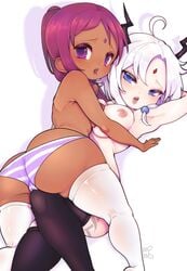 2girls areolae ass big_ass big_breasts breasts cameltoe dark-skinned_female dark_skin duo female female_only horns long_hair looking_at_viewer multiple_girls nipples niucniuc panties ponytail purple_hair purple_striped_panties rear_view stockings striped_panties thighhighs tongue tongue_out topless white_background white_hair yuri