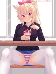 :p animal_ears panties pink_striped_panties skirt spread_legs striped_panties thighhighs tiffy tiffynyaa upskirt