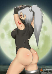 1girls arm_gloves arm_tattoo arms_up ass bare_ass big_ass big_breasts black_leotard breasts clothing female female_only fingerless_gloves full_moon gender_transformation genderswap_(mtf) hatake_kakashi legwear leotard long_hair looking_at_viewer looking_back moon naruto naruto_(series) naruto_shippuden night outdoors ponytail red_eye rule_63 scar scar_across_eye sharingan silver_hair sky tattoo thecrazyduck tied_hair torn_clothes white_hair