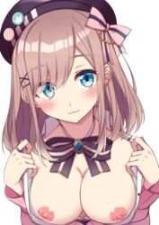 :3 blue_eyes blush breasts brown_hair female fuji_yoshida looking_at_viewer nijisanji nipples open_clothes ribbon ring smile solo suzuhara_lulu virtual_youtuber