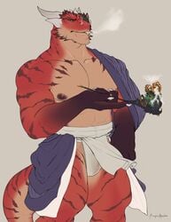 abs anthro asian_clothing clothing dragon east_asian_clothing fundoshi hi_res horn japanese_clothing kiseru looking_at_viewer male male_only markings muscular muscular_anthro muscular_male nipples pecs pipe red_body repzzmonster scalie simple_background slit smoking smoking_pipe solo standing stripes underwear wet wet_clothing wet_underwear wingless_dragon