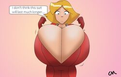 blonde_hair blue_eyes breast_expansion breast_growth cartoon_network choccymalk cleavage clover_(totally_spies) expansion female female_only jumpsuit looking_down motion_lines speech_bubble surprised totally_spies wide_eyed