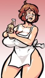 apron big_breasts breasts brown_hair cleavage closed_eyes cream food food_on_face large_breasts mama-chan milf open_mouth thighs wide_hips