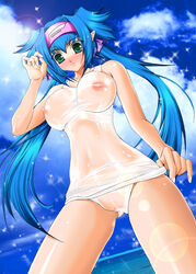 blue_hair breasts female klan_klein large_breasts macross macross_frontier one-piece_swimsuit see-through swimsuit