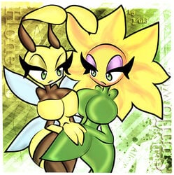 2girls antennae anthro anthrofied arthropod banjo-kazooie bedroom_eyes bee belly big_breasts black_skin breast_press breasts cleavage color conker's_bad_fur_day crossover eyelashes eyeshadow featureless_breasts female female_only flower green_body green_eyes green_skin half-closed_eyes hips honey_b huge_breasts insects interspecies large_breasts multiple_females no_nipples petals plant rareware seductive seductive_eyes sunflower sunflower_(conker's_bad_fur_day) thick thick_thighs thighs voluptuous watermark wide_hips wings yellow_skin yuri