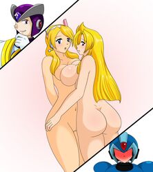 2boys 2girls 2women alia alia_(mega_man) armored_male ass asymmetrical_docking big_breasts blush breasts breasts_against_breasts breasts_pressed_together clothed_male_nude_female completely_naked completely_naked_female completely_nude completely_nude_female fully_nude gate_(mega_man) hand_on_chin hyoumaru large_breasts looking_back marty mega_man mega_man_x merti naked naked_female navigator nude nude_female nude_female_clothed_male reploid sweating tagme watching x_(mega_man)