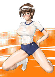 azusa_kashiwagi bang-you blush brown_eyes brown_hair buruma erect_nipples female female_focus female_only footwear gym_uniform hairband headband kashiwagi_azusa kizuato see-through shiny shiny_skin short_hair socks sweat translucent_clothing