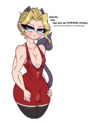 blonde_hair blue_eyes bulge byternomar diamond_is_unbreakable dress english_text femboy jojo's_bizarre_adventure male male_only red_dress skin_tight stockings succubus_(male) text thighhighs trap yoshikage_kira