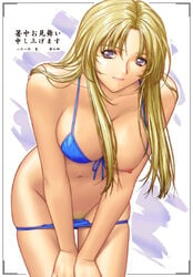 blonde_hair breast_slip breasts front-tie_top jane leaning_forward long_hair nipples one_breast_out original pubic_hair purple_eyes swimsuit swimsuit_pull yumenosuke