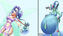 2girls 4_wings big_belly bra breasts burping busty cute digimon digimon_(species) digimon_frontier fairimon fairy fairy_wings fairymon green_skin kazemon long_tongue ranamon red_eyes spaghetticultists tagme visor voluptuous vore wide_hips wings