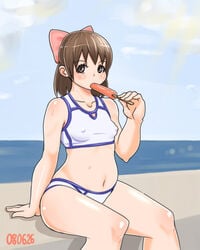 bikini blush bow brown_eyes brown_hair erect_nipples flat_chest hair_ribbon hair_ribbons minamo_aoi monmonism nipples plump popsicle rd_sennou_chousashitsu real_drive ribbon ribbons sitting sports_bikini sweat swimsuit