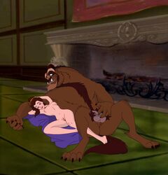 1boy 1girls beast_(disney) beauty_and_the_beast belle disney disney_prince disney_princess female fur human indoors interspecies lying male nipples nude rooler34