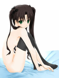 asamiya_(artist) bed beige_skin black_legwear bow breast_suppress breasts brown_hair fate/stay_night fate_(series) feet female female_only footwear green_eyes hair hairbow hands hands_on_feet kneehighs knees_on_chest knees_to_chest long_hair looking_at_viewer nude round_ears side_view sitting small_breasts smile socks solo thighhighs tohsaka_rin type-moon