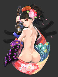 1girls armor ass breasts brown_eyes brown_hair comb female female_only flower hair_flower hair_ornament hips human japanese_clothes kanzashi katana lips looking_back momohime muramasa_the_demon_blade muuten no_visible_genitalia nude petals ponytail red_eyes scabbard sheathed_weapon short_hair sideboob sode solo sword tied_hair unsheathing vanillaware weapon wide_hips