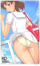 ass bag brown_eyes brown_hair clothing from_behind looking_back minamo_aoi panties pantyshot petals r1 rd_sennou_chousashitsu real_drive school_bag school_uniform serafuku short_hair skirt skirt_lift underwear wind wind_lift yellow_panties